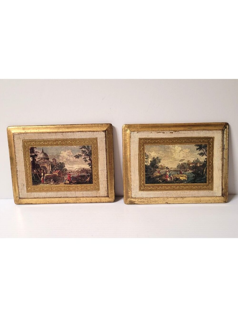 Italian Florentine Gold Gilt Wall Art Plaques Figure Outdoor Scenes 8 1/2"